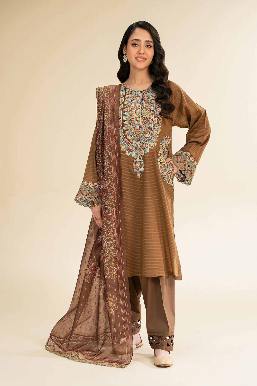 Embroidered Brown Stitched Suit - Nishat – Janan