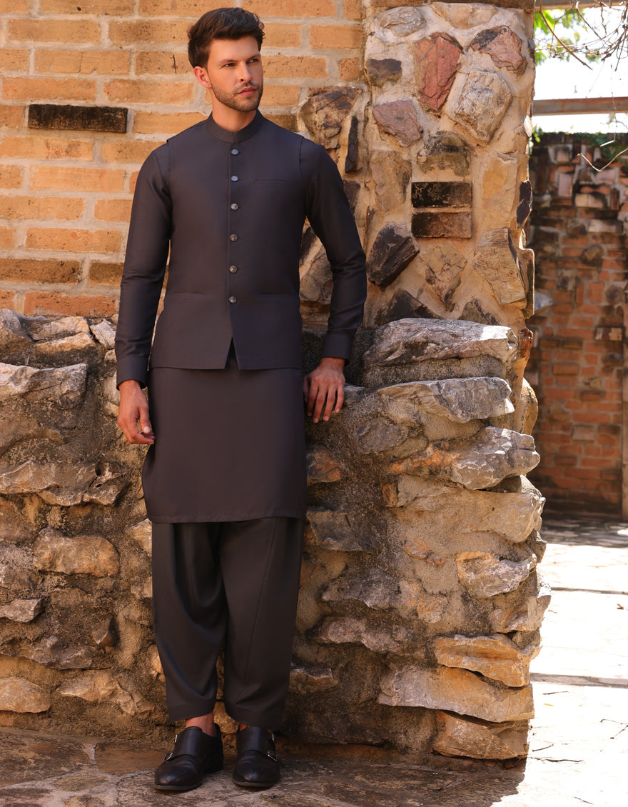 Blended Grey Shalwar Kameez with Waist Coat