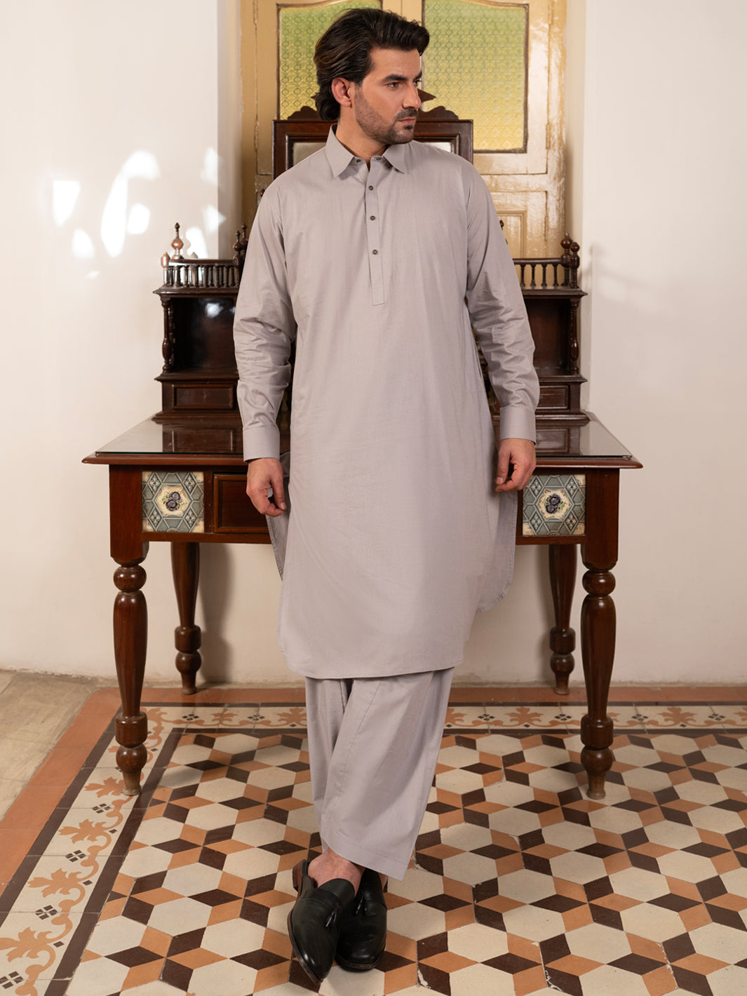 Cotton Grey Shalwar Kameez Wasim Akram by Almirah – Janan