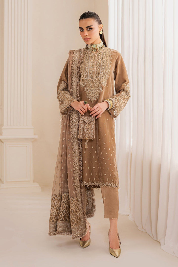 Embroidered Velvet Khaki Stitched Suit - Baroque