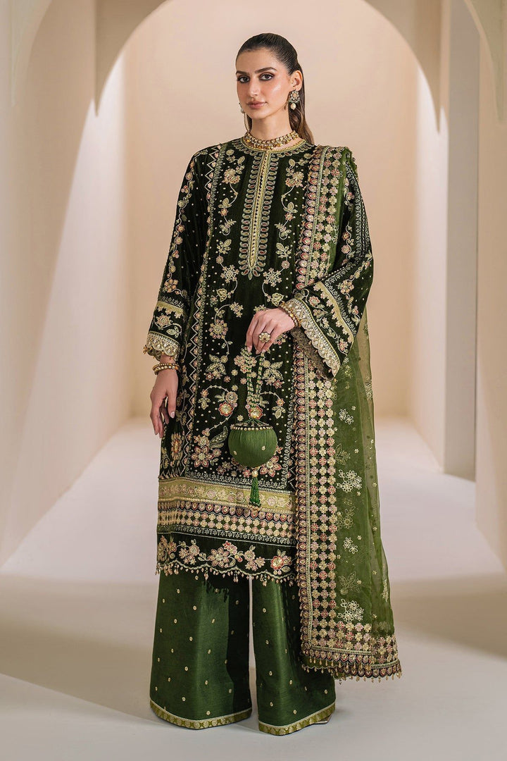 Embroidered Velvet Green Stitched Suit - Baroque