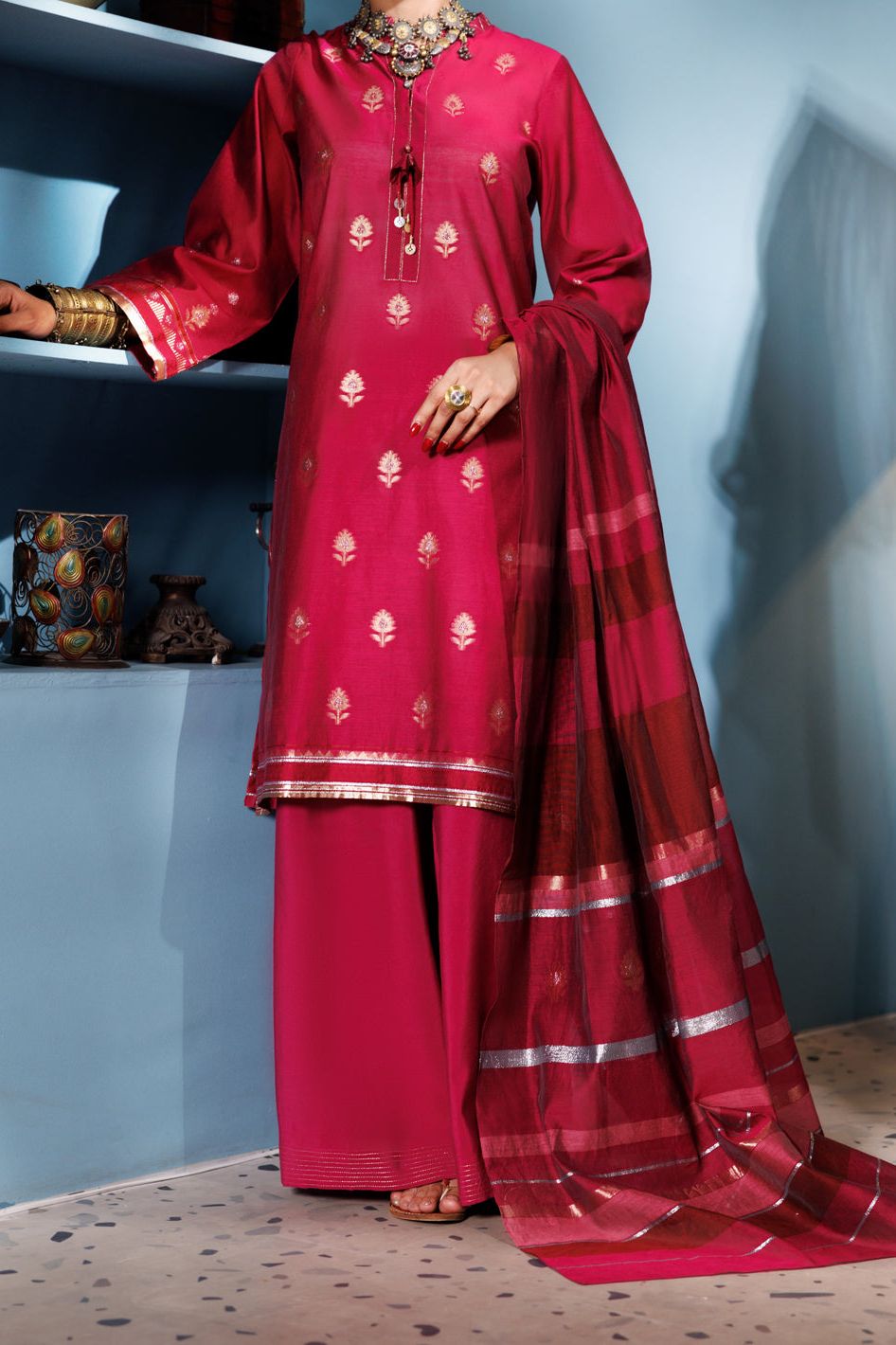 Yarn Dyed Pink Unstitched Suit - Almirah