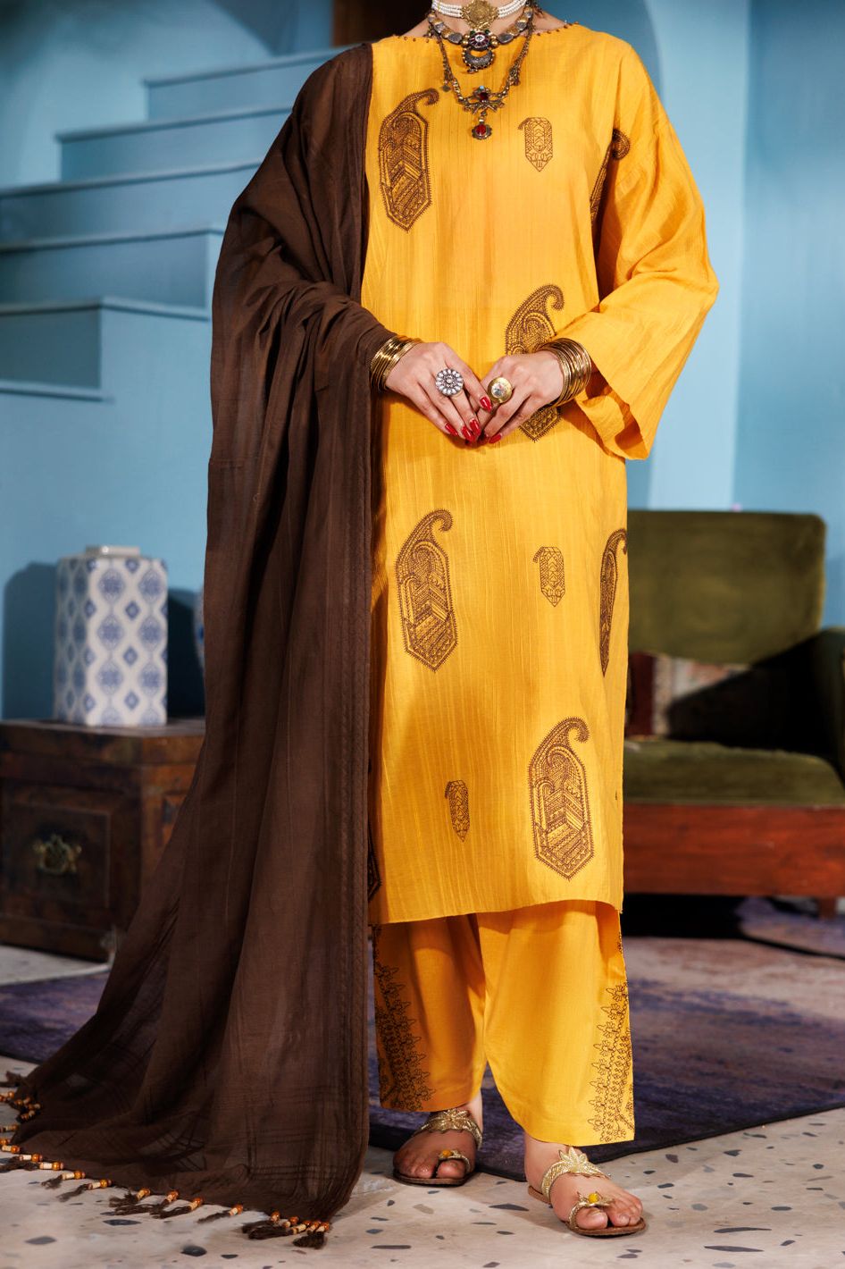 Lino Kara Mustard Unstitched Suit - Almirah