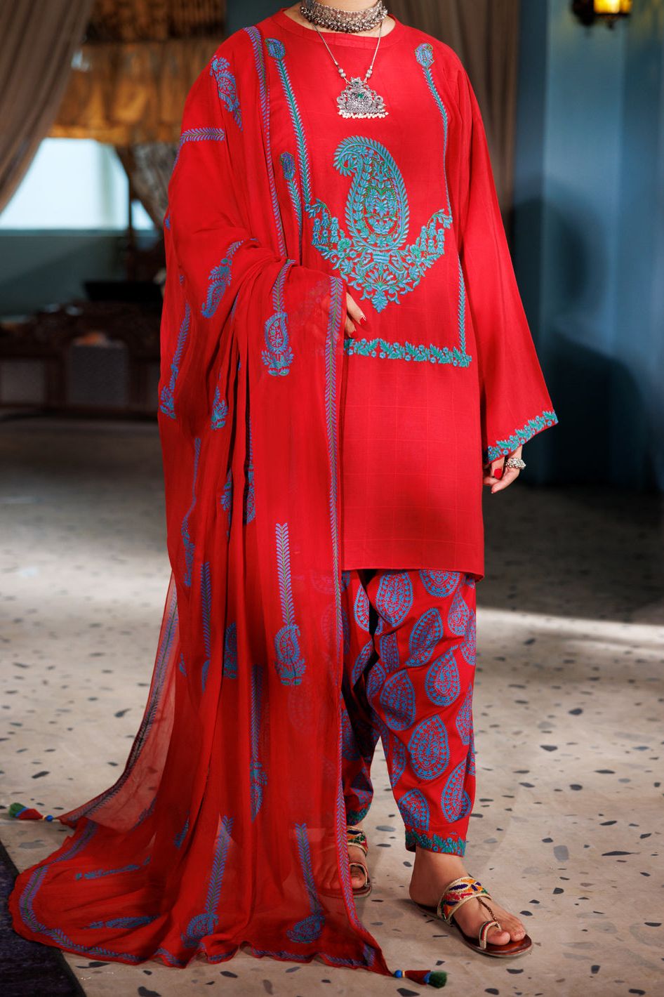 Square Dobby Red Unstitched Suit - Almirah