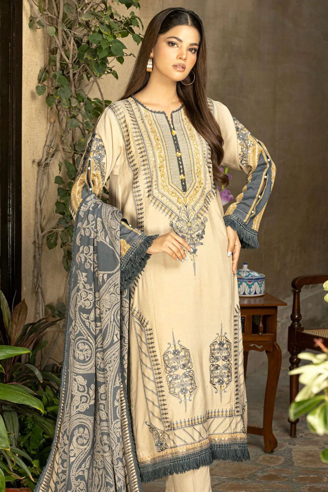 Printed Corduroy Cream Unstitched Suit - Gul Ahmed