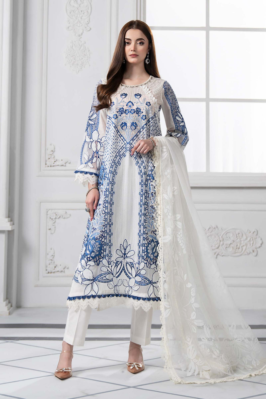 Embroidered Paper Cotton Blue & White Stitched Suit - Maria B Luxury Lawn