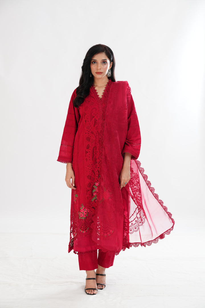 Embroidered Red Stitched Suit - Maria B Luxury Lawn