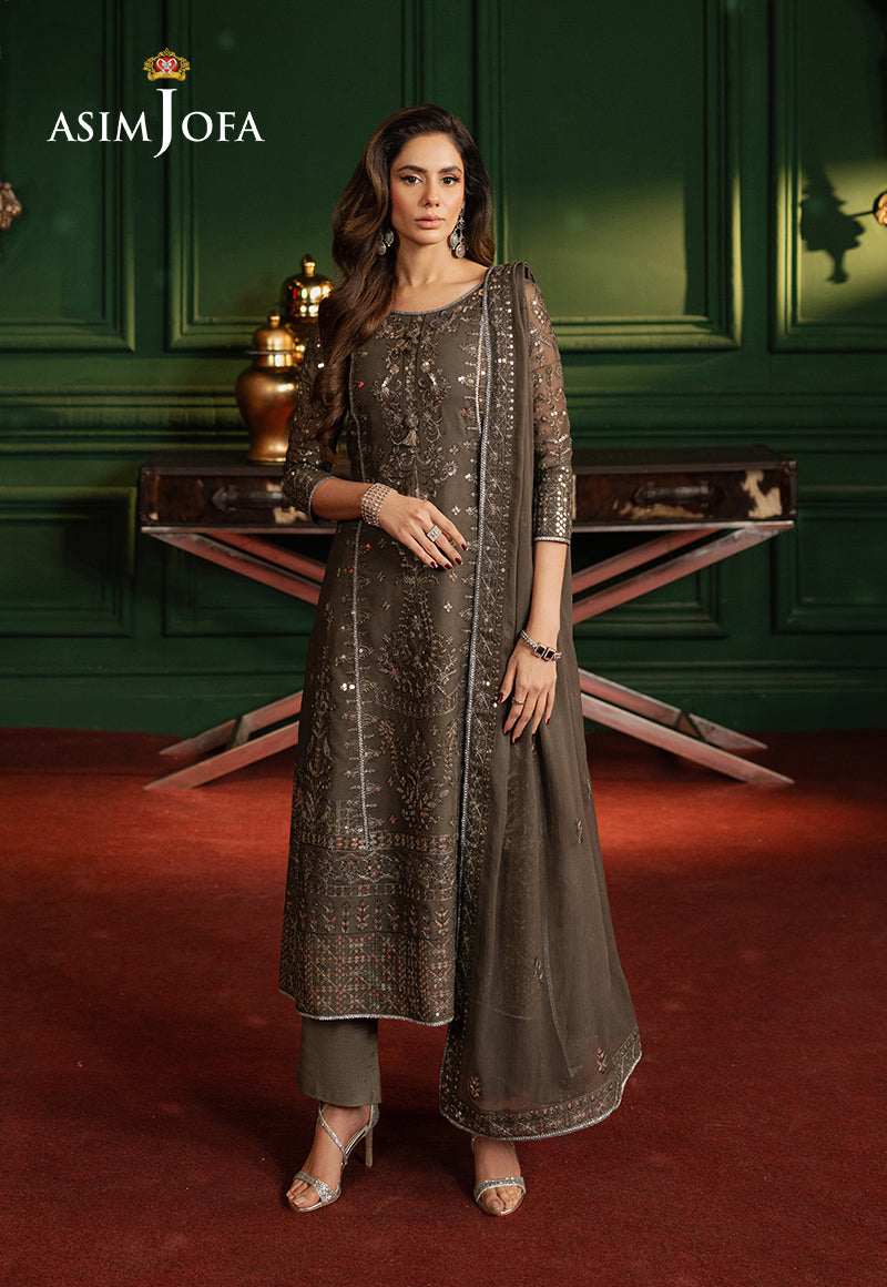 Embroidered Chiffon Brown Stitched Suit