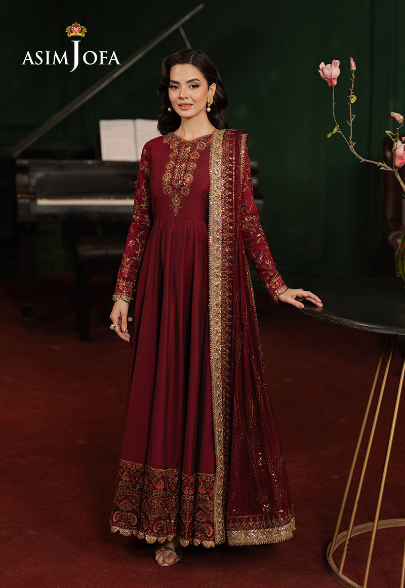 Embroidered Two Tone Cotton Silk Maroon Stitched Suit - Asim Jofa