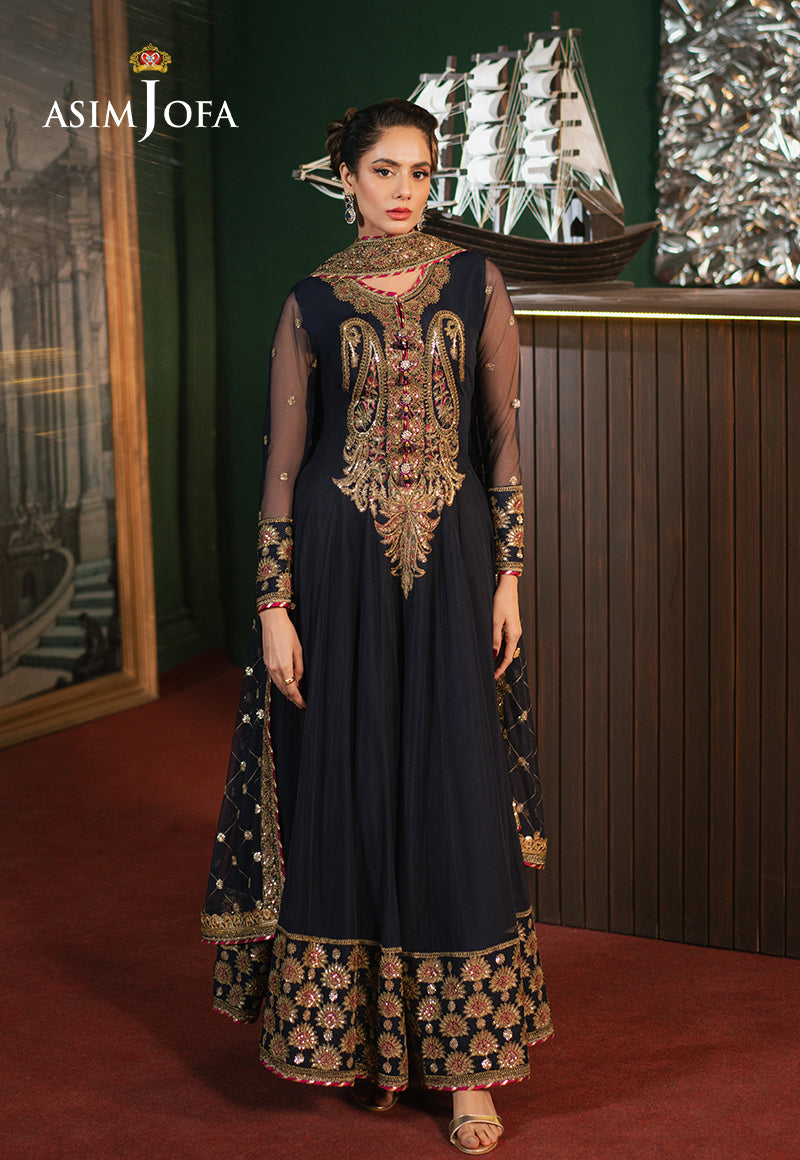 Embroidered Net Navy Blue Stitched Suit - Asim Jofa  Janan