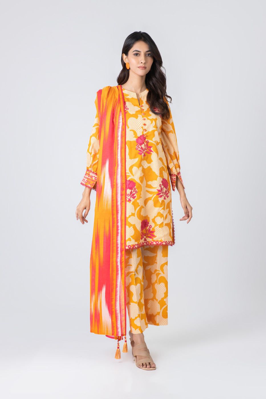 Embroidered Printed Khaddar Orange Unstitched Suit - Alkaram