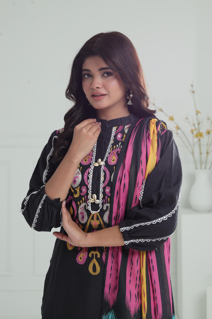 Embroidered Khaddar Black Stitched Suit - Alkaram