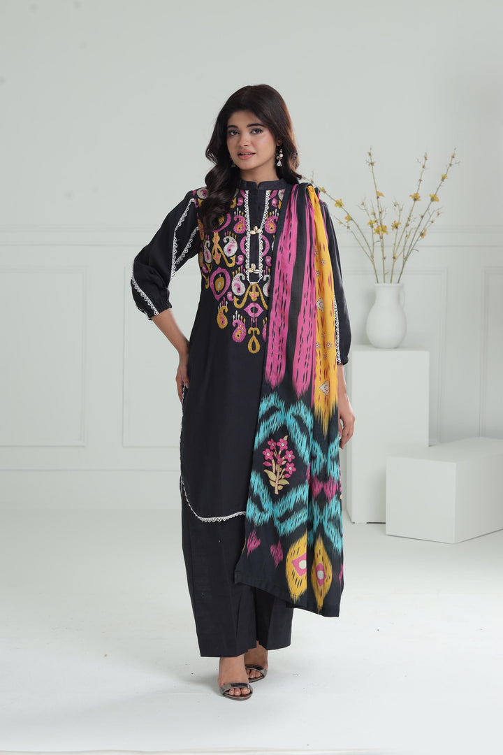 Embroidered Khaddar Black Stitched Suit - Alkaram