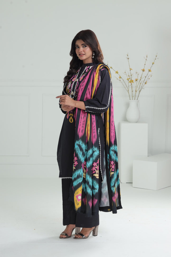 Embroidered Khaddar Black Stitched Suit - Alkaram