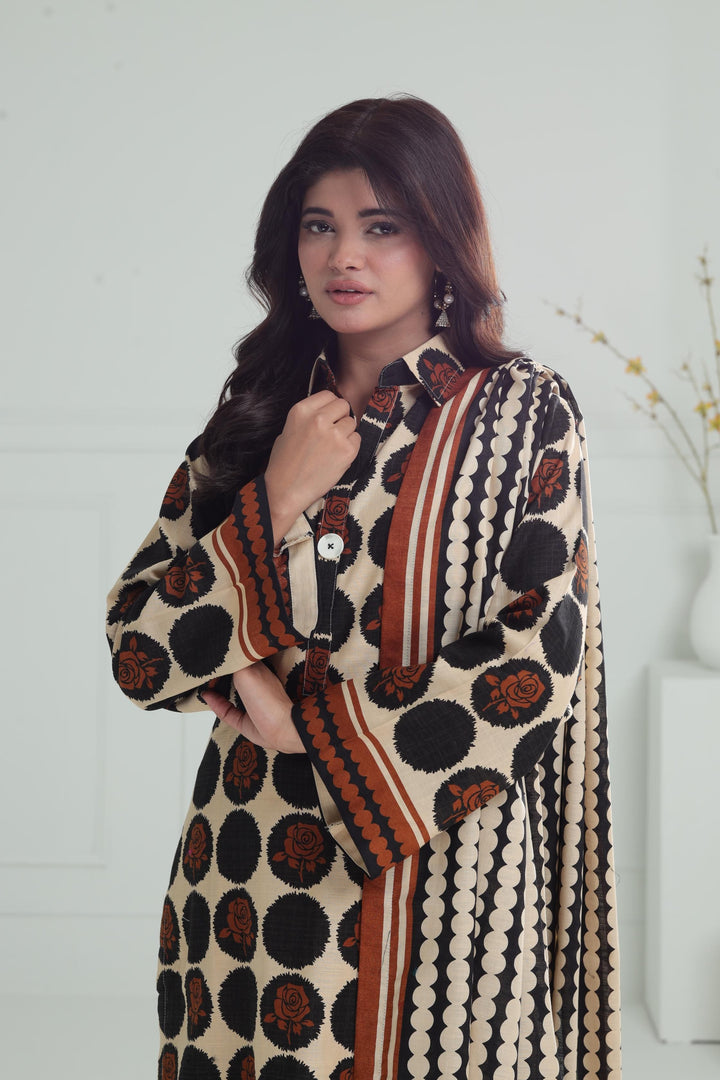 Printed Khaddar Beige Stitched Suit - Alkaram