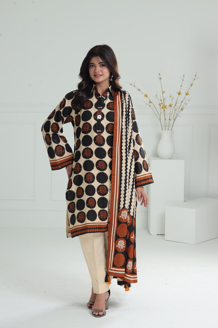 Printed Khaddar Beige Stitched Suit - Alkaram