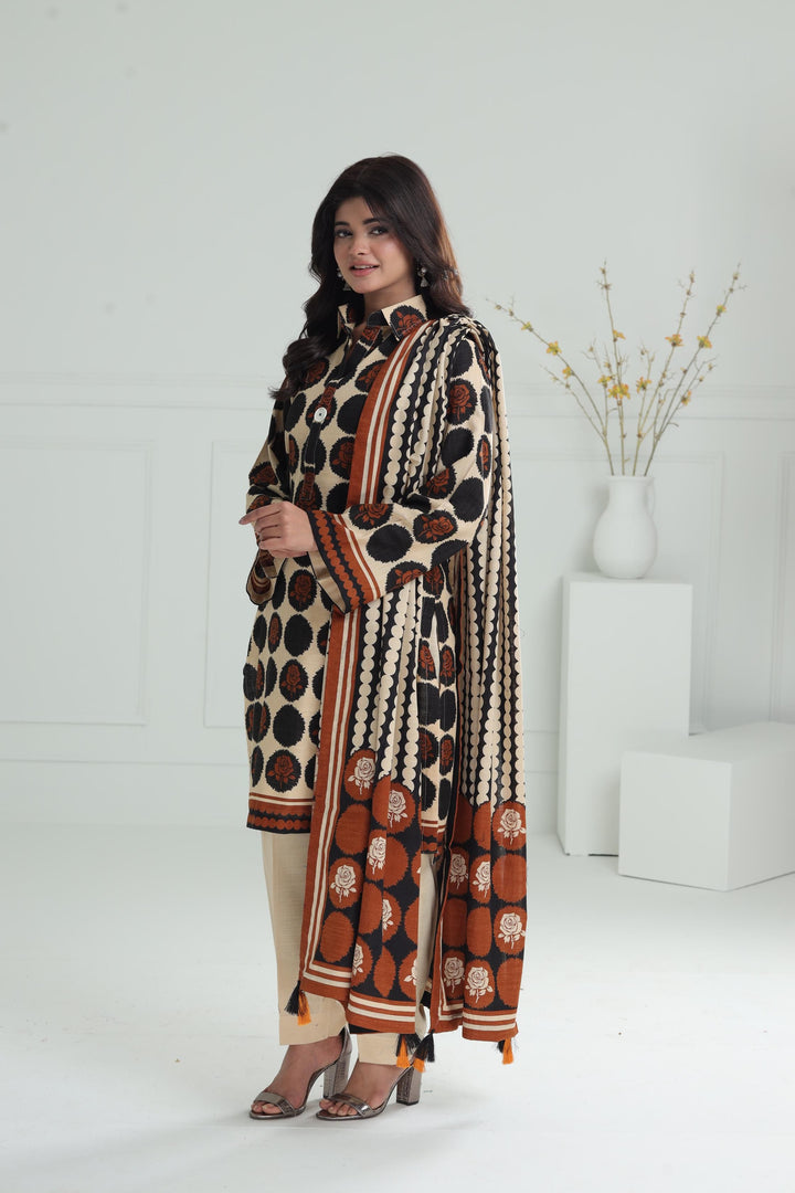 Printed Khaddar Beige Stitched Suit - Alkaram