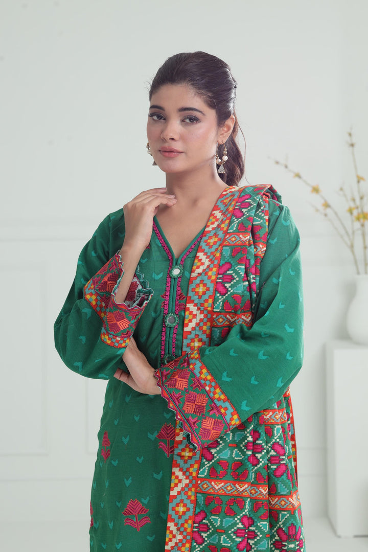 Embroidered Khaddar Green Stitched Suit - Alkaram