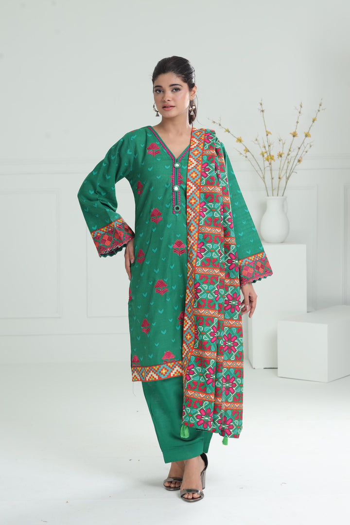 Embroidered Khaddar Green Stitched Suit - Alkaram