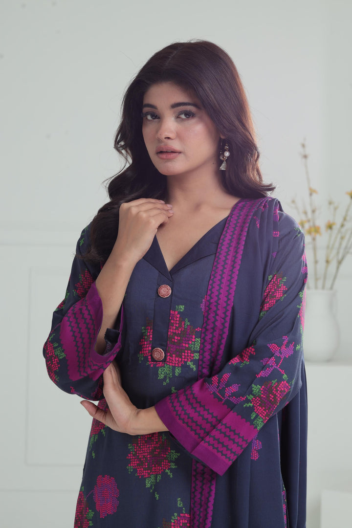 Printed Viscose Navy Blue Stitched Suit - Alkaram