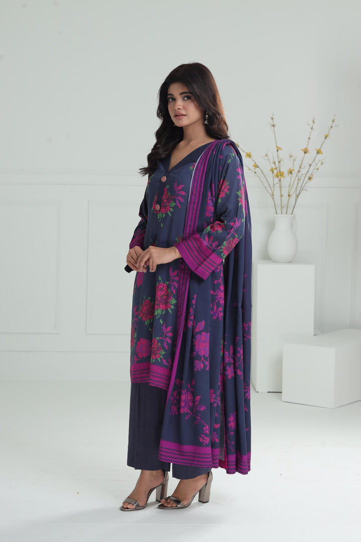 Printed Viscose Navy Blue Stitched Suit - Alkaram