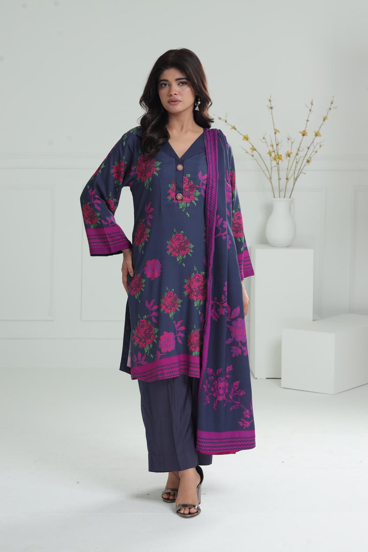 Printed Viscose Navy Blue Stitched Suit - Alkaram