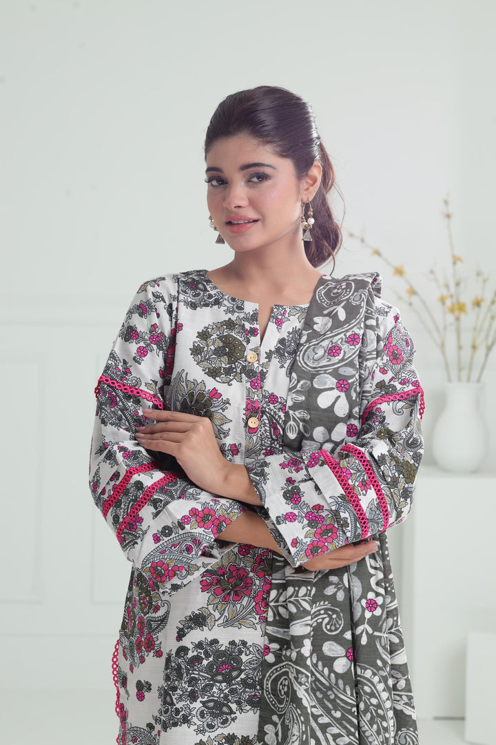Printed Khaddar Off White Stitched Suit - Alkaram