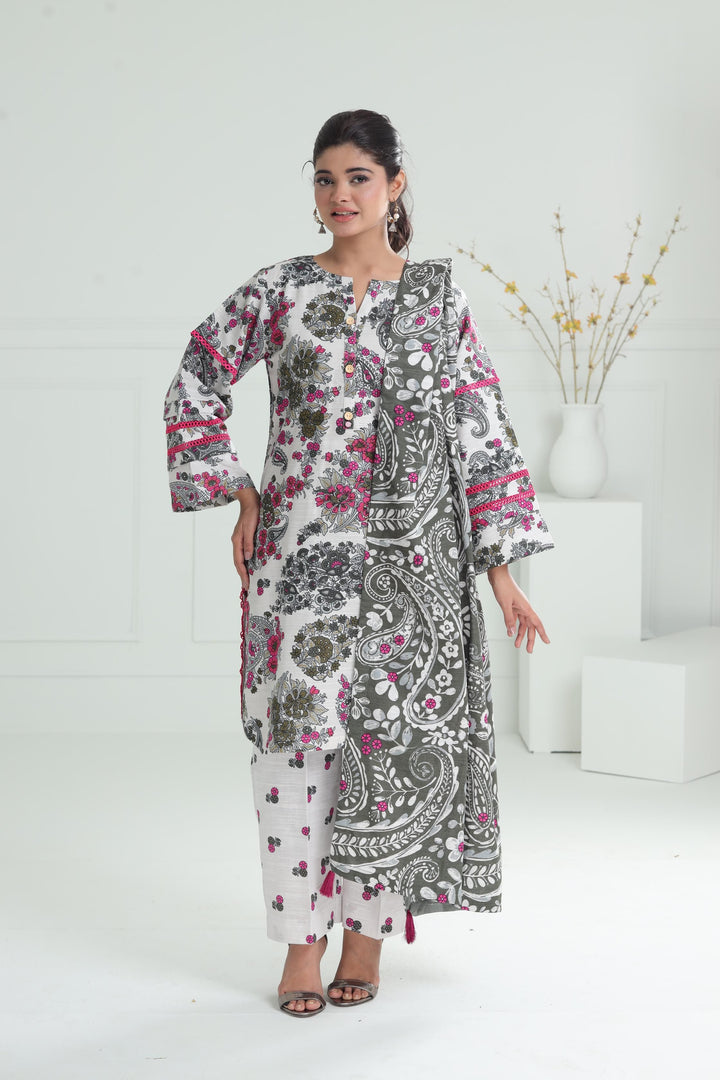 Printed Khaddar Off White Stitched Suit - Alkaram