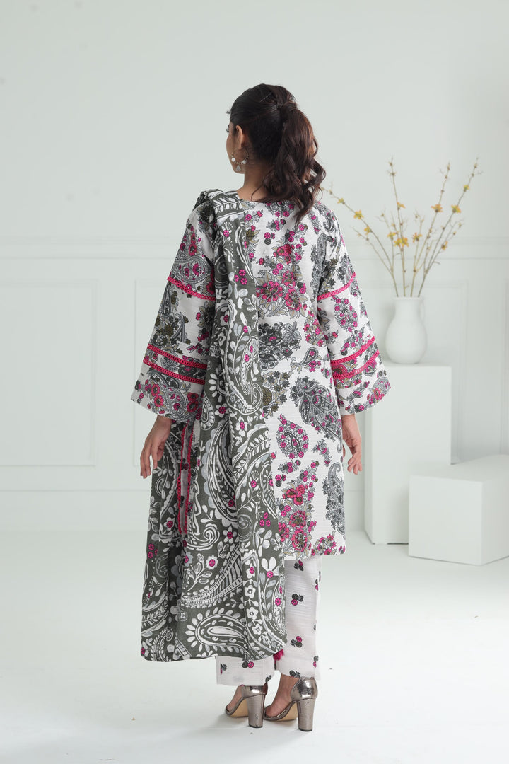 Printed Khaddar Off White Stitched Suit - Alkaram