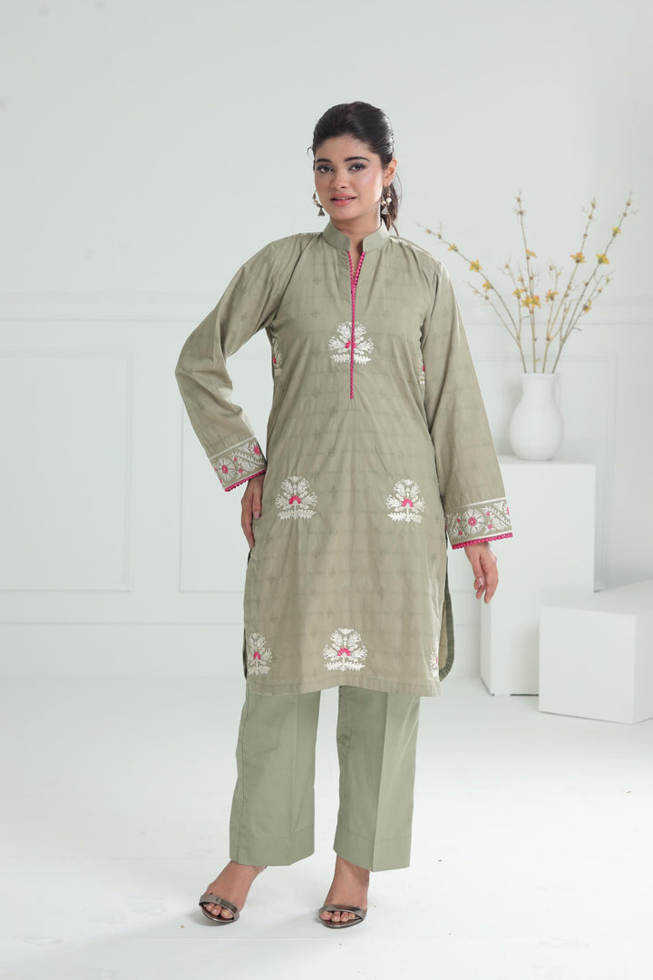Embroidered Self Jacquard Light Green Stitched Suit - Alkaram