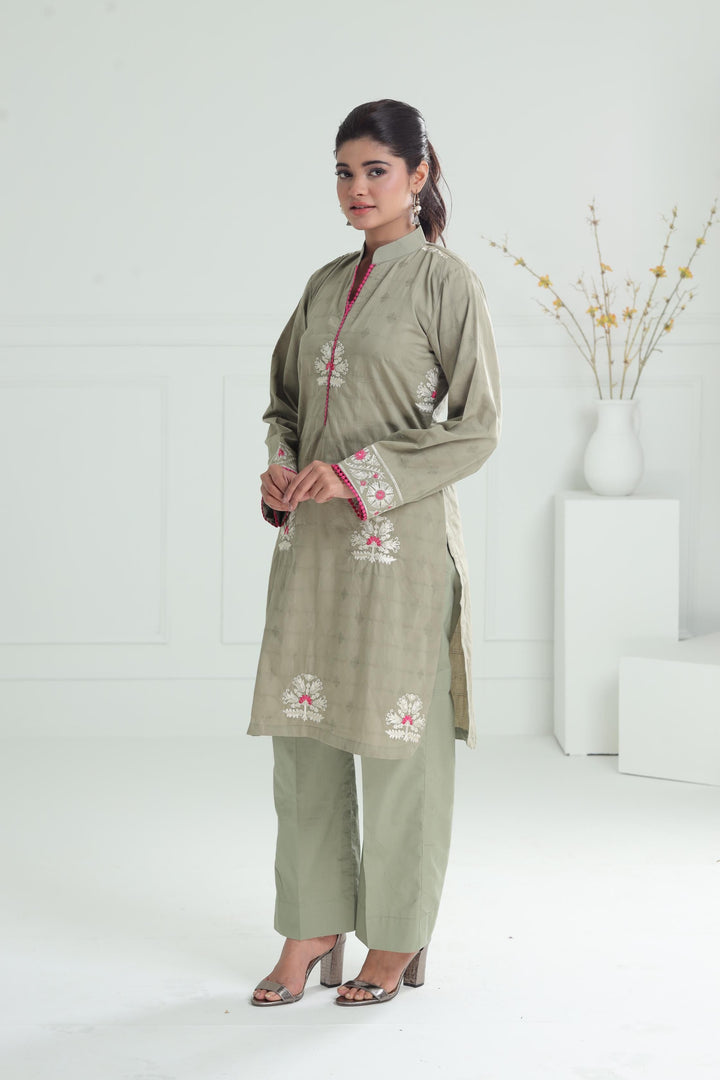 Embroidered Self Jacquard Light Green Stitched Suit - Alkaram