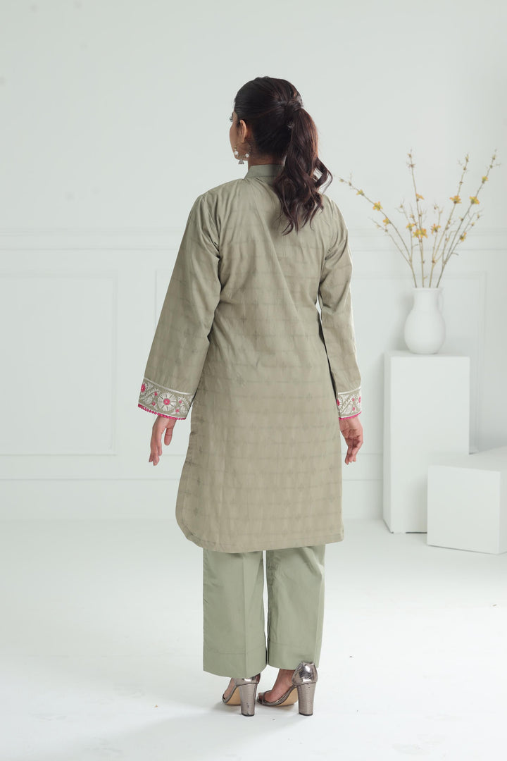 Embroidered Self Jacquard Light Green Stitched Suit - Alkaram
