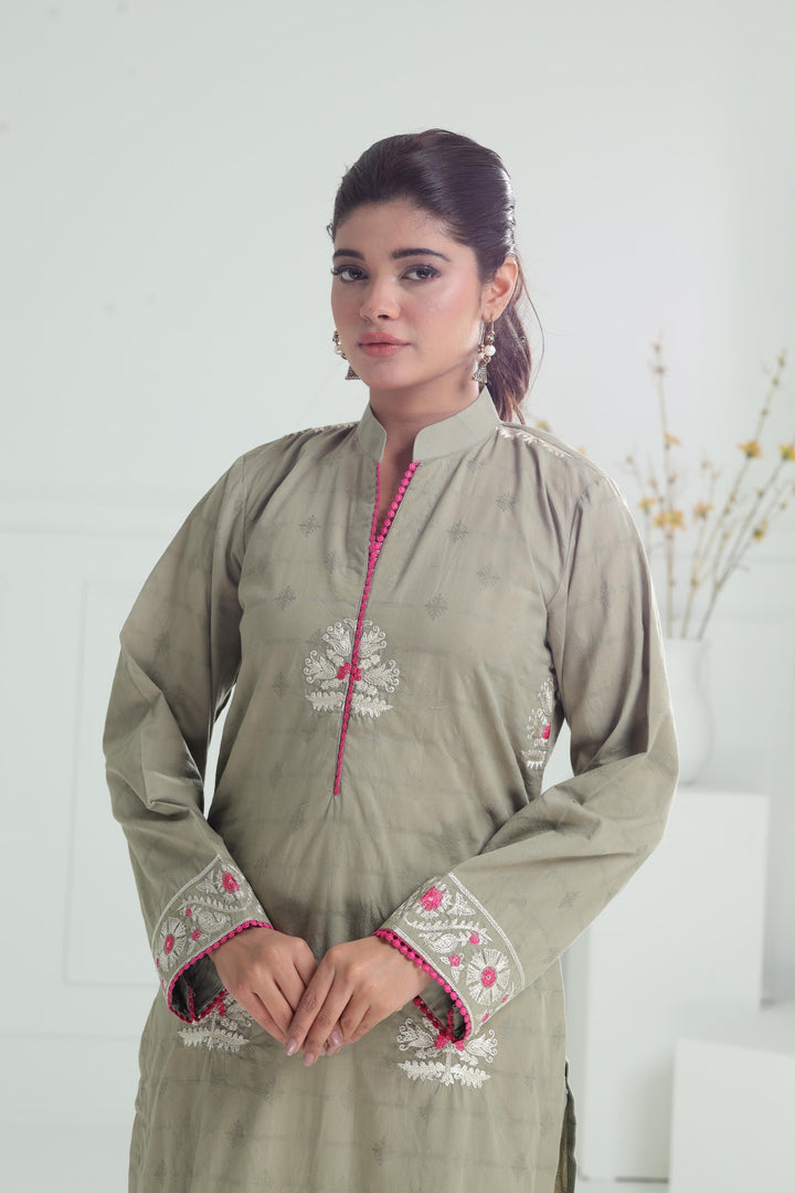 Embroidered Self Jacquard Light Green Stitched Suit - Alkaram