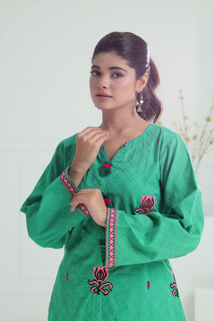 Embroidered Self Jacquard Green Stitched Suit - Alkaram
