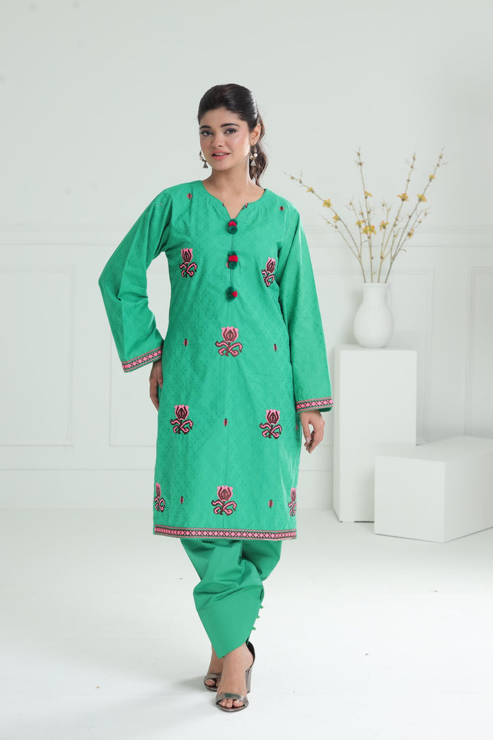 Embroidered Self Jacquard Green Stitched Suit - Alkaram
