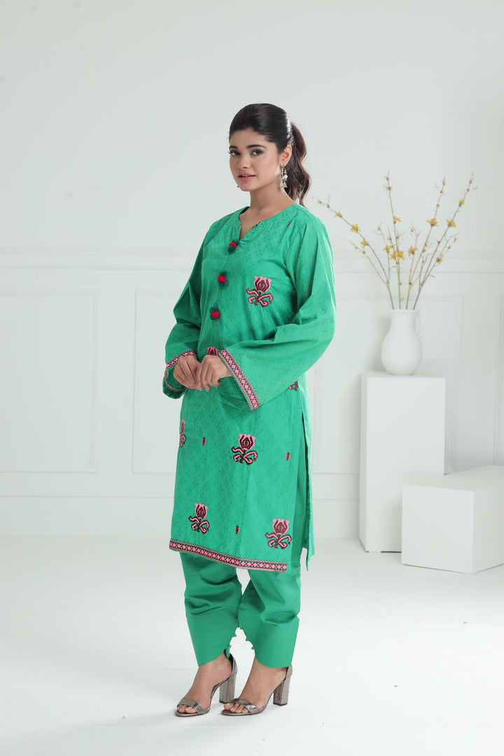 Embroidered Self Jacquard Green Stitched Suit - Alkaram