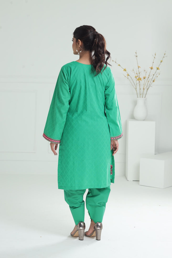 Embroidered Self Jacquard Green Stitched Suit - Alkaram