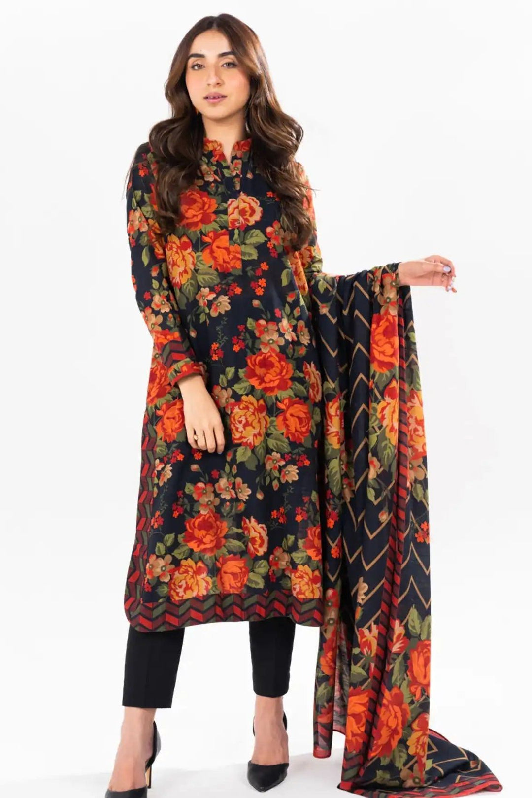 Printed Khaddar Black Unstitched Suit - Alkaram