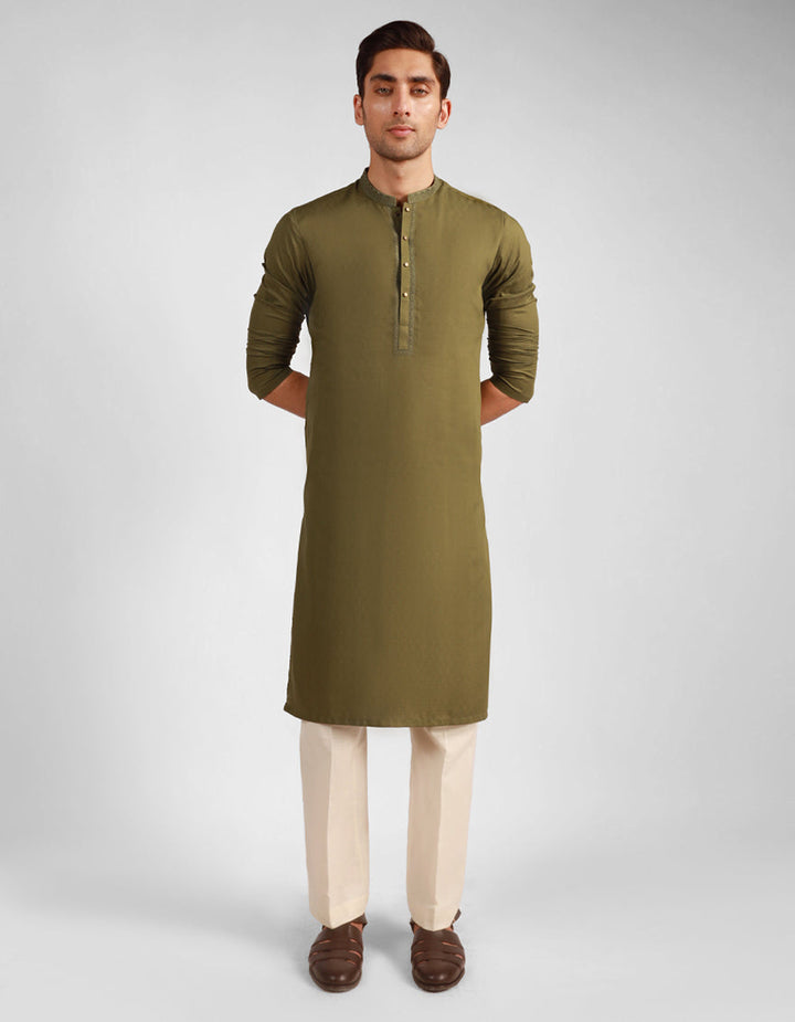 Blended Mehndi Green Kurta - J. Junaid Jamshed