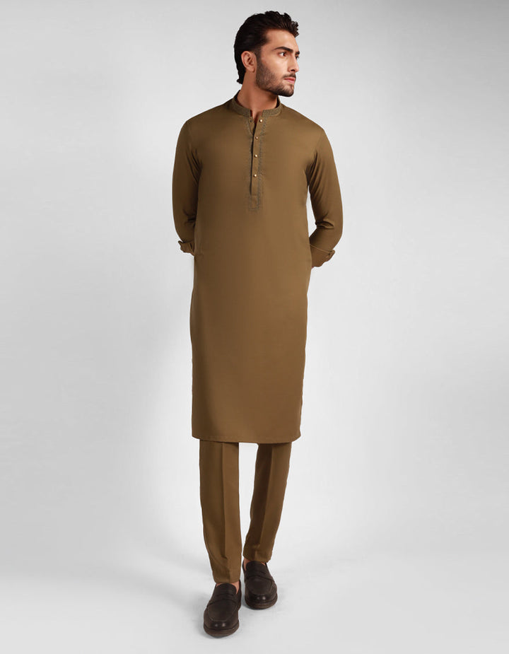 Blended Mehndi Green Kurta Trouser - J. Junaid Jamshed