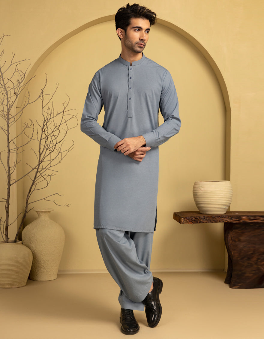 Blended Grey Unstitched Suit - J. Junaid Jamshed