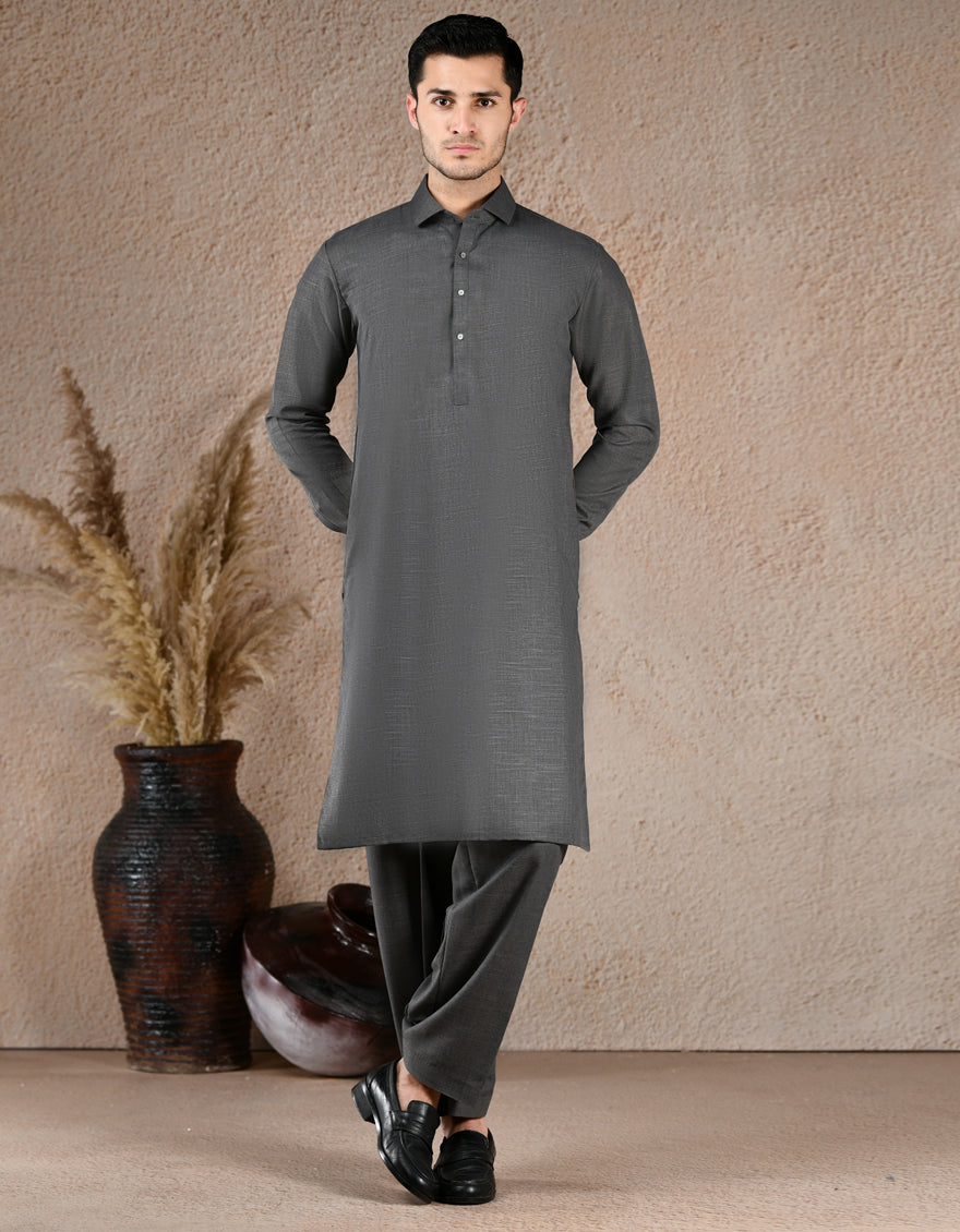 Blended Dark Grey Unstitched Suit - J. Junaid Jamshed