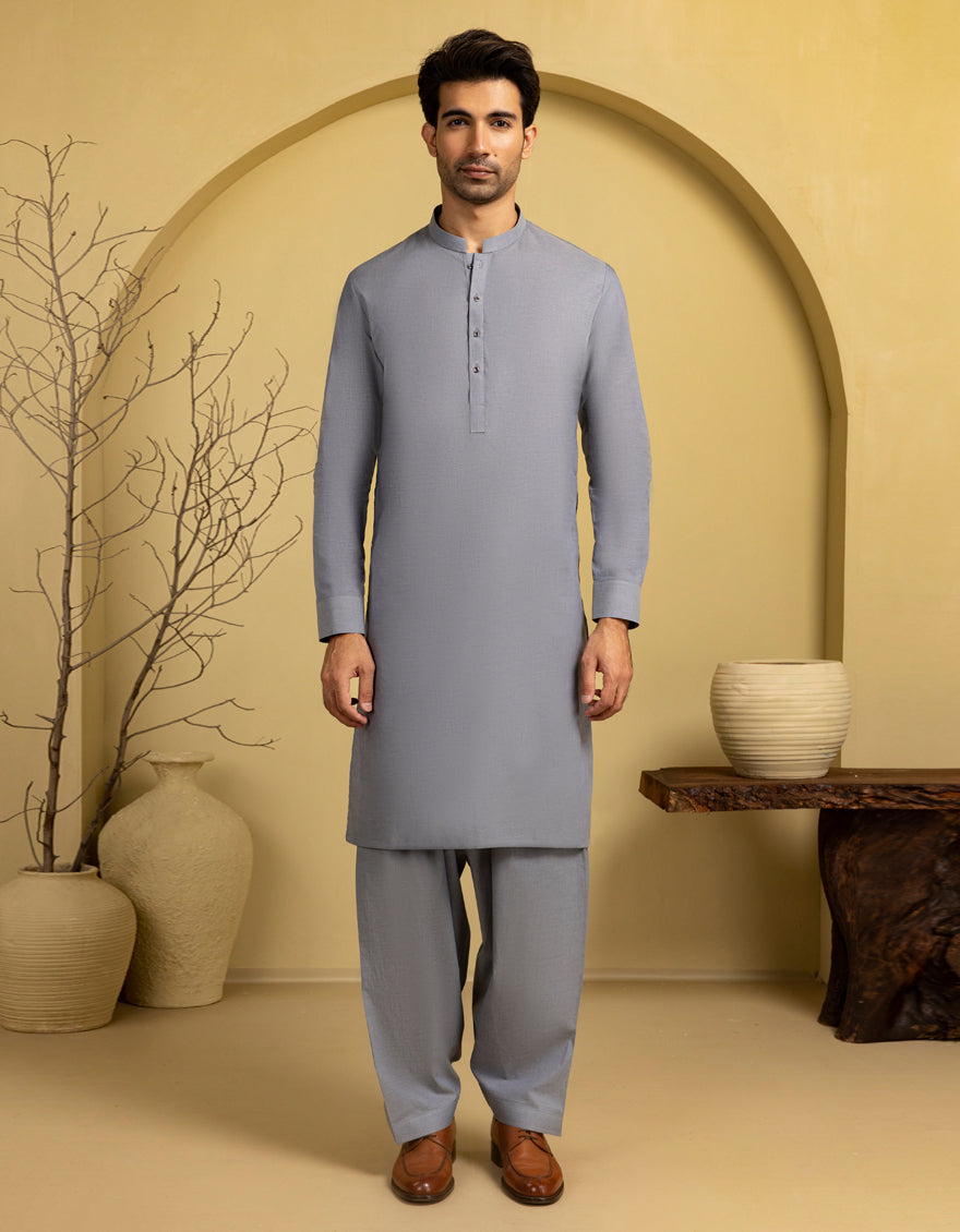Blended Grey Unstitched Suit - J. Junaid Jamshed