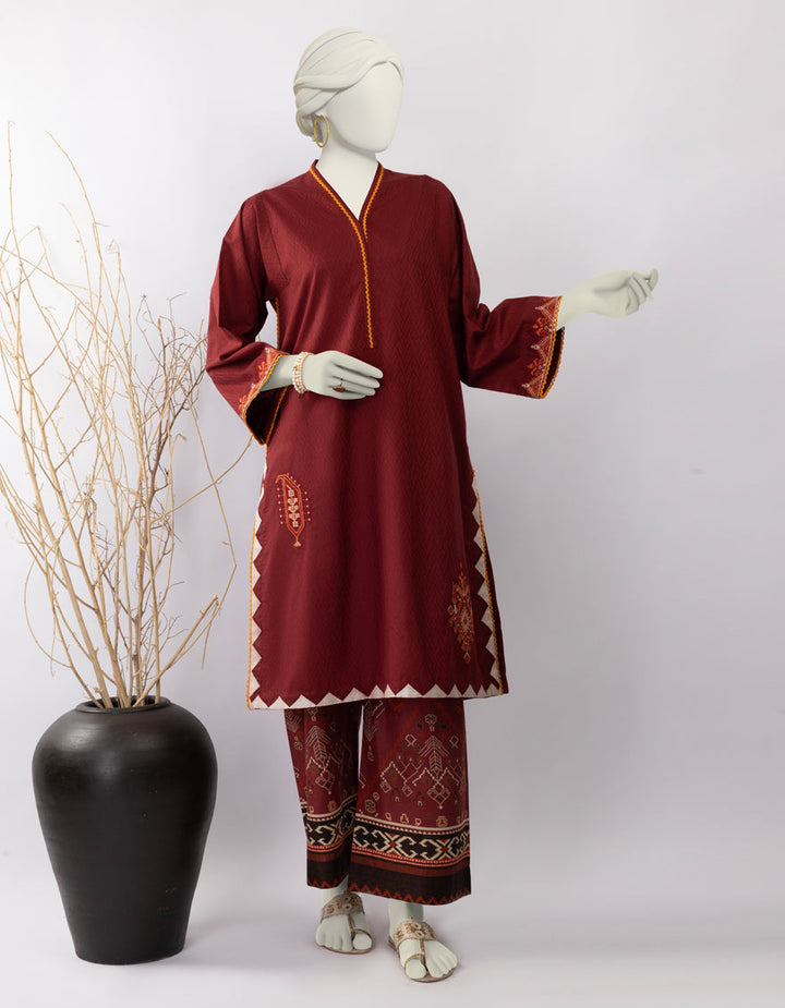 Dobby Maroon Stitched Suit - J. Junaid Jamshed