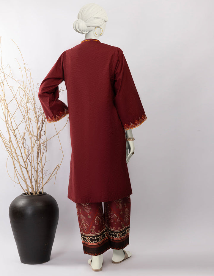 Dobby Maroon Stitched Suit - J. Junaid Jamshed