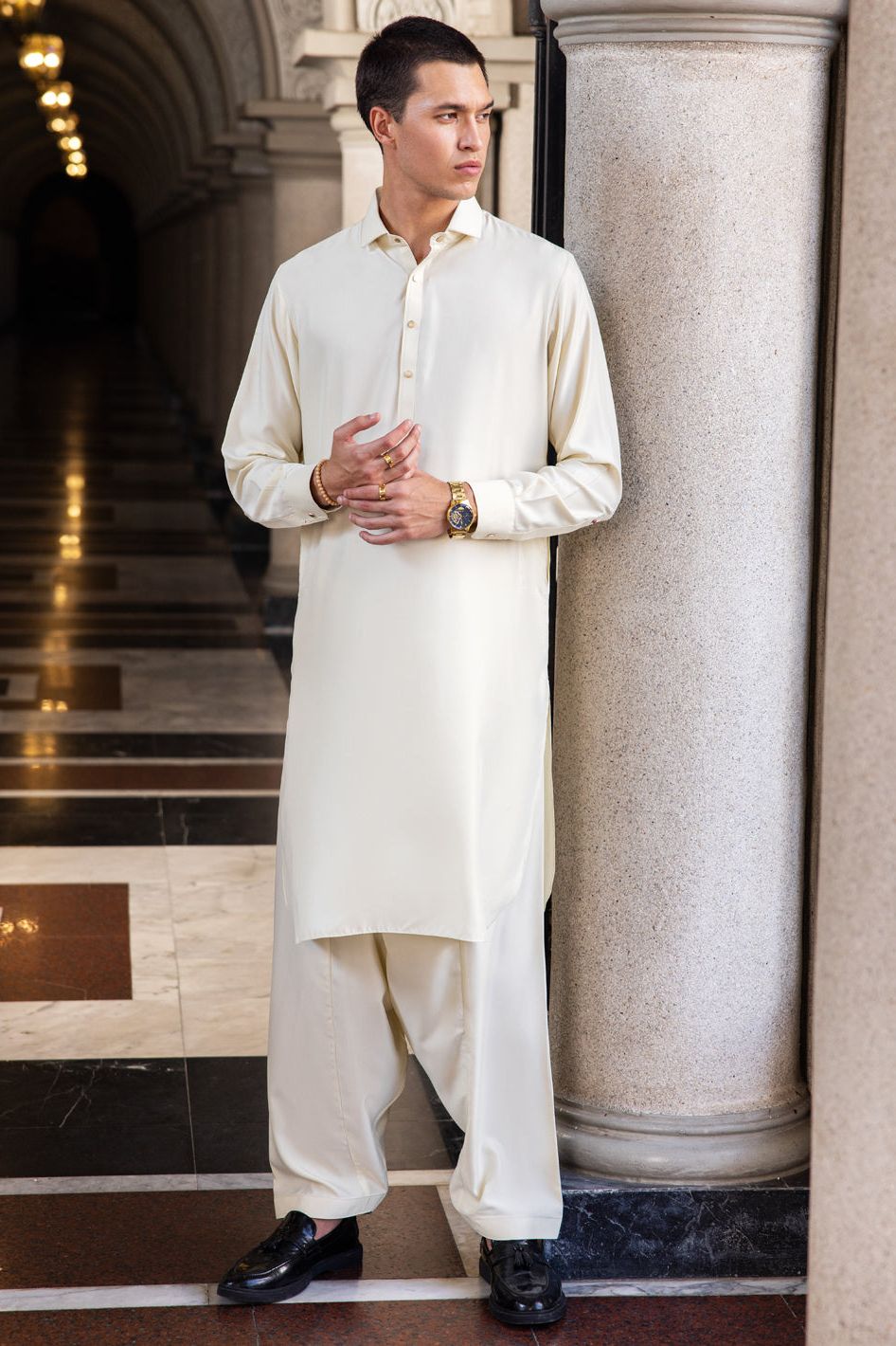 Blended Cream Shalwar Kameez Wasim Akram by Almirah – Janan