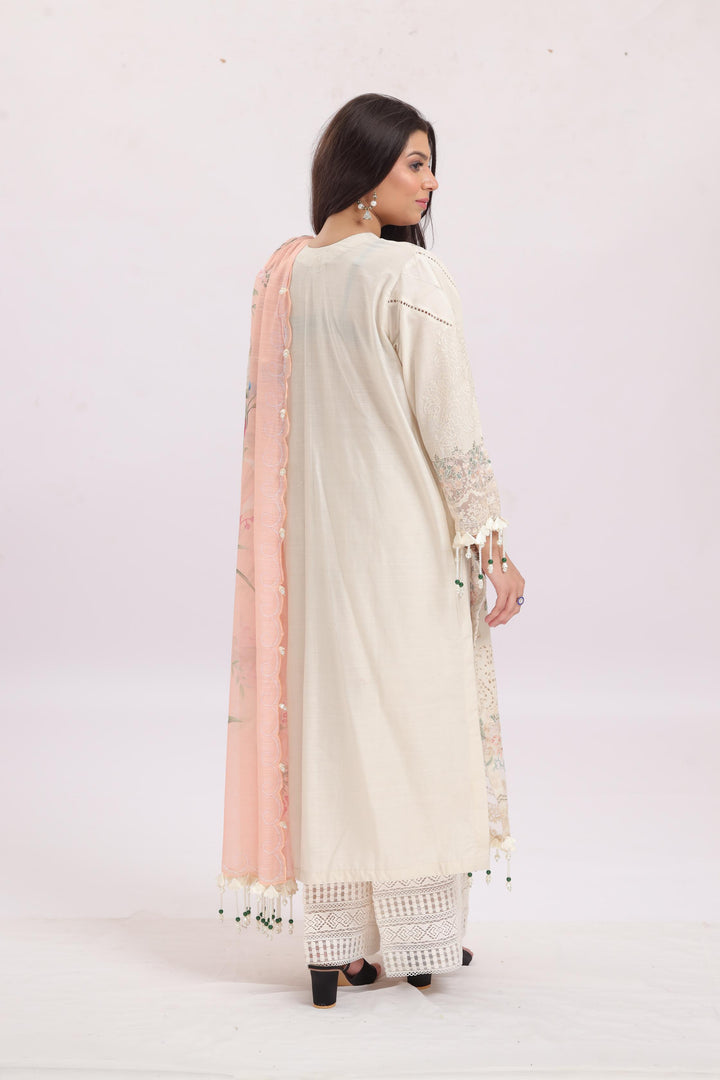 Embroidered Slub Lawn Cream Stitched Suit - Sana Safinaz