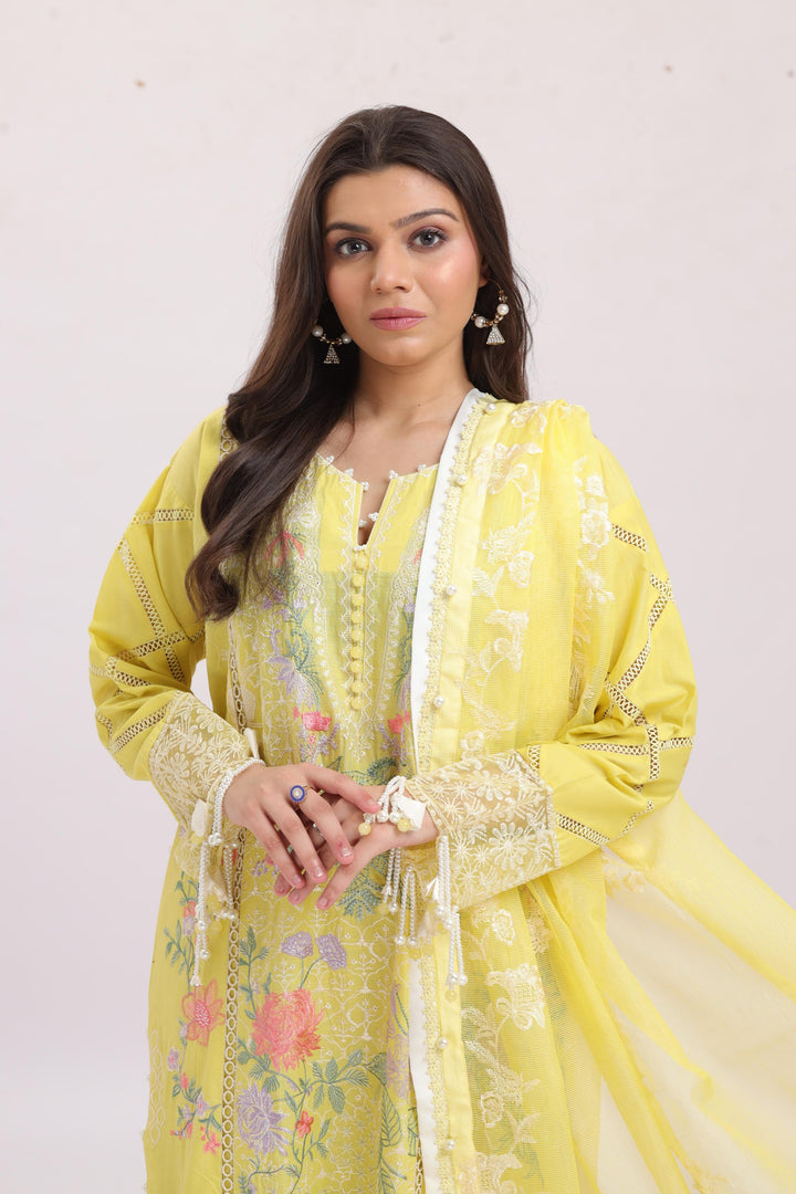 Embroidered Slub Lawn Yellow Stitched Suit - Sana Safinaz