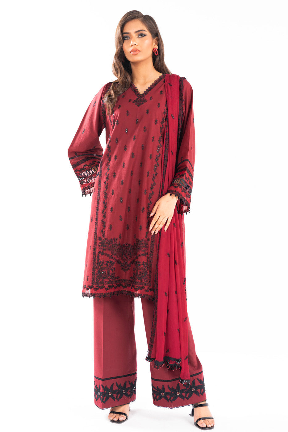Embroidered Lawn Maroon Unstitched Suit - Alkaram