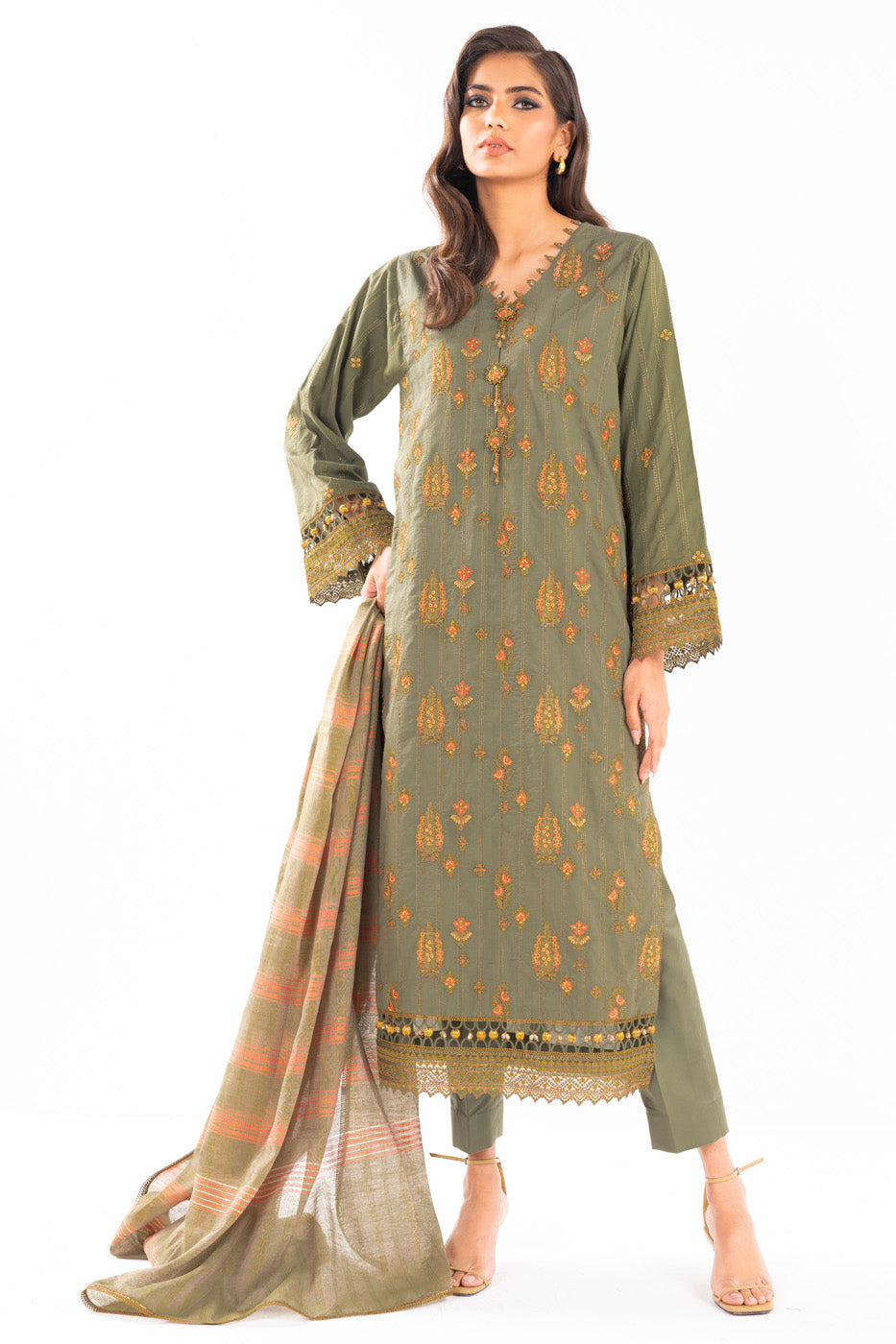 Embroidered Lawn Green Unstitched Suit - Alkaram